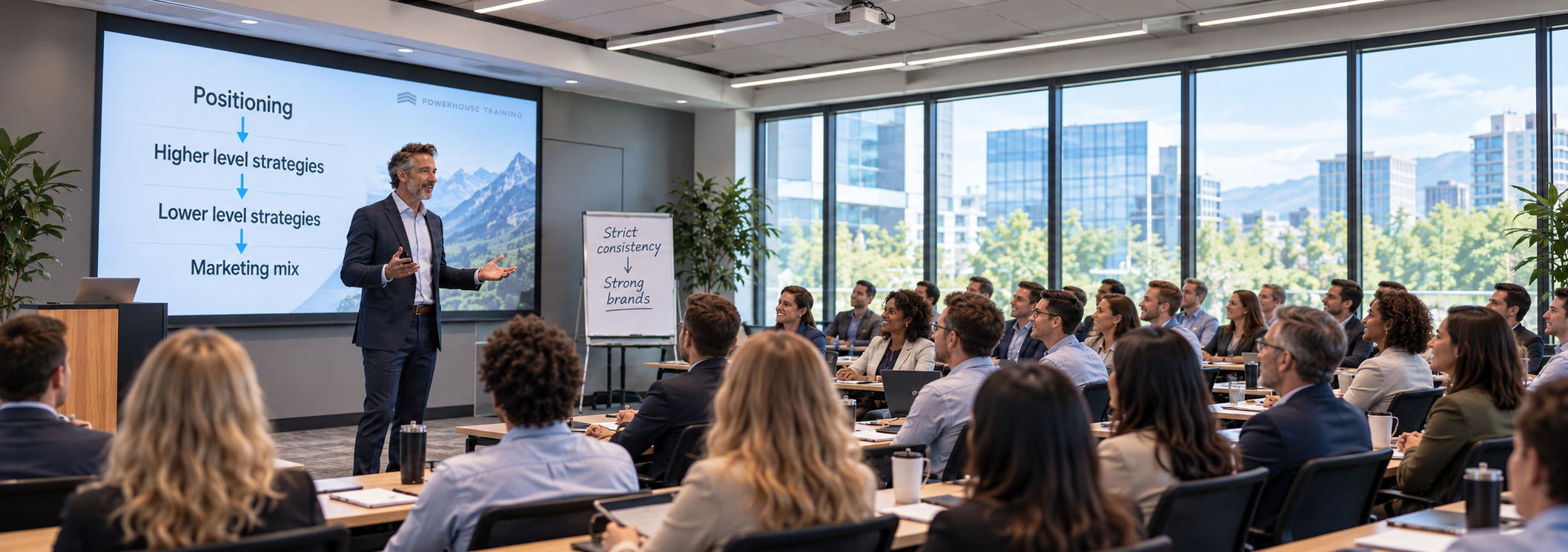A well-dressed instructor teaching a large engaged group of adult professionals in a modern classroom